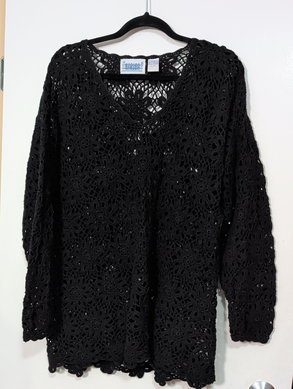 Vintage 90a Crochet V-Neck Black Women's Sweater Large